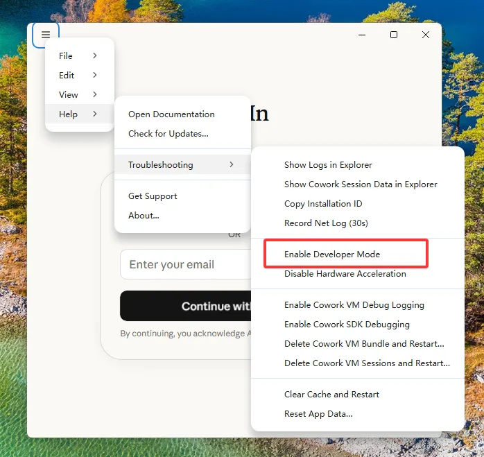 Windows:菜单 → Help → Troubleshooting → Enable Developer Mode