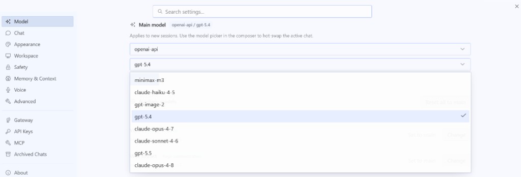 Hermes Desktop:Settings → Model → Main model,Provider 选 Custom endpoint,Model 选择具体模型 ID