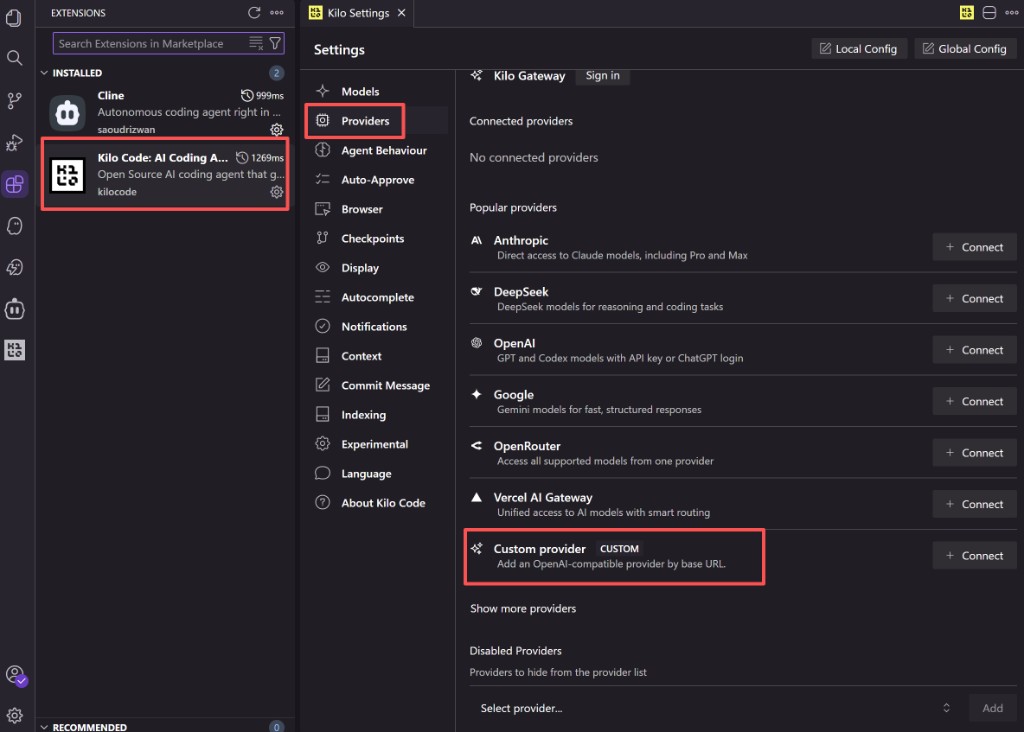 Kilo Settings → Providers,底部 Custom provider
