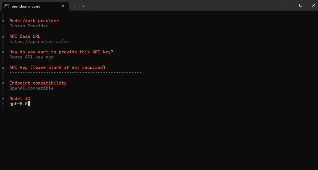 Base URL、Key、OpenAI 兼容、gpt-5.5 示例