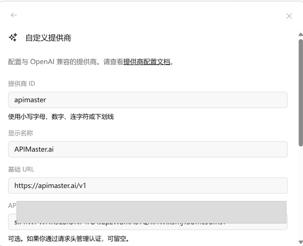自定义提供商表单